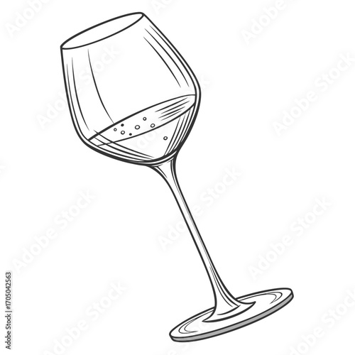 Elegant hand drawn sketch of a wine glass filled with bubbly white wine on a white background