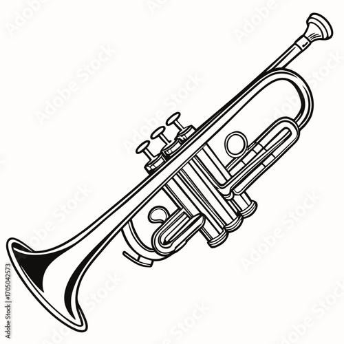 A classic black and white line art illustration of a trumpet with three valves on a white background