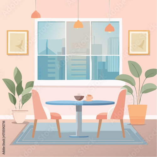 Cafe and coffee. Vector abstract, pastel illustration of dining room interior