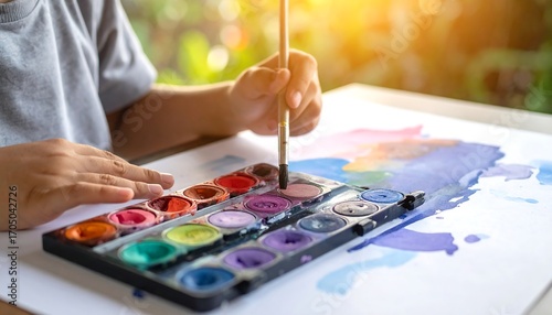 Child painting with watercolors