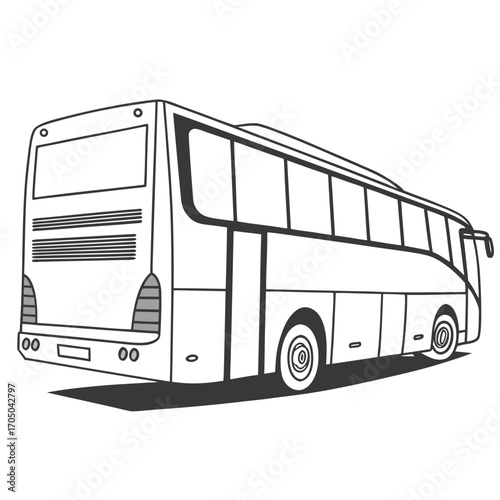 Stylized outline illustration of a modern passenger bus viewed from the rear three quarter angle