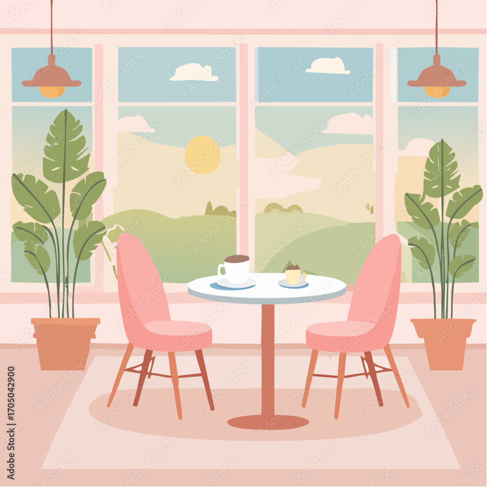 Fototapeta premium Cafe and coffee. Vector abstract, pastel illustration of dining room interior