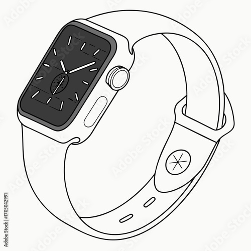Modern digital smartwatch with a dark watch face and a simple band presented in a clean line art style
