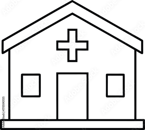 simple hospital facade with medical cross symbol.