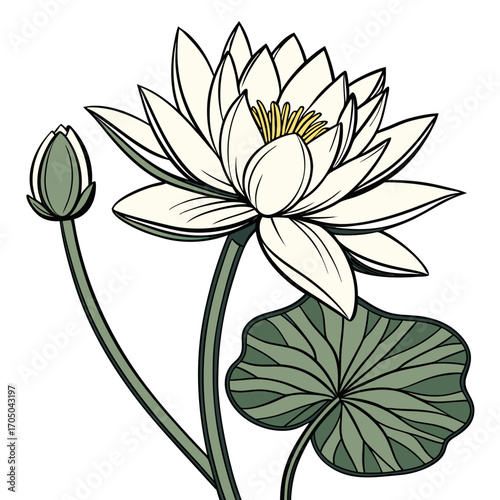 Elegant white water lily flower with bud and leaf in a simple illustrative style
