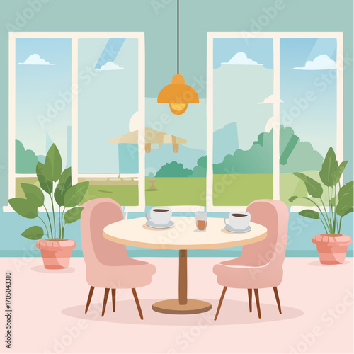 Cafe and coffee. Vector abstract, pastel illustration of dining room interior