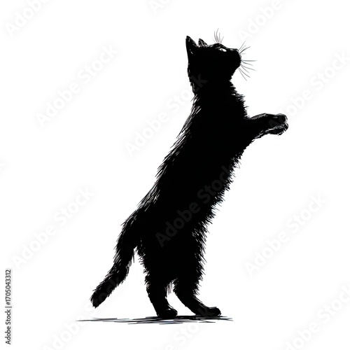 silhouette of a cat standing on the two back legs trying to reach something, sideview