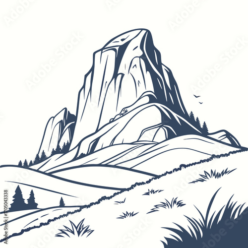 Majestic mountain peak with rolling hills and evergreen trees under a clear sky