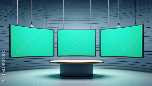 Modern studio setting with three large green screens and a central presentation desk for broadcast or news production purposes