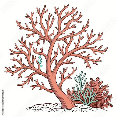 Stylized illustration of a large branching coral with smaller corals and small teal bubbles on a white background