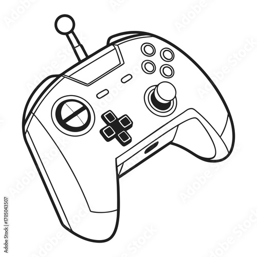 Modern video game controller with analog sticks and buttons in a clean black and white line art style
