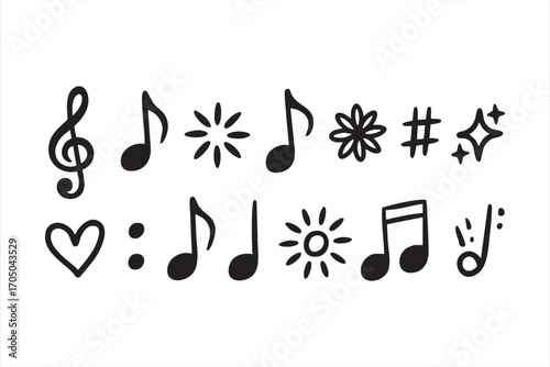 Musical Symbols and Decorative Icons Collection in Hand Drawn Vector Style