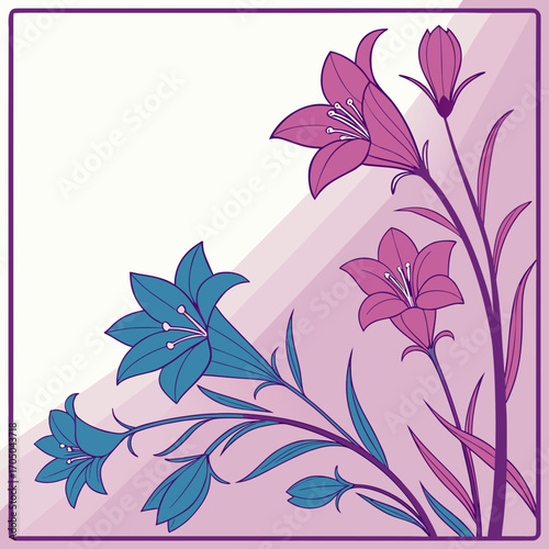 Elegant floral corner design with stylized bell flowers in purple and teal colors on a soft pink background