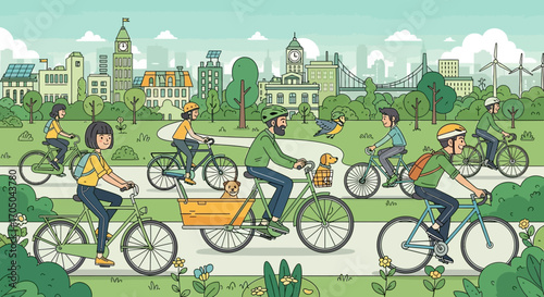 Group of People Cycling on Bicycles in a Park, Illustration