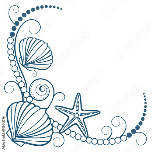 Decorative blue seashell and starfish corner flourish with pearls and swirls on white background