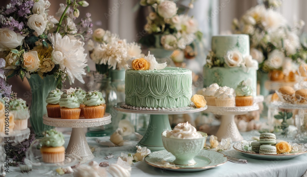 Naklejka premium Pastel-toned dessert table with elaborate cakes and flowers