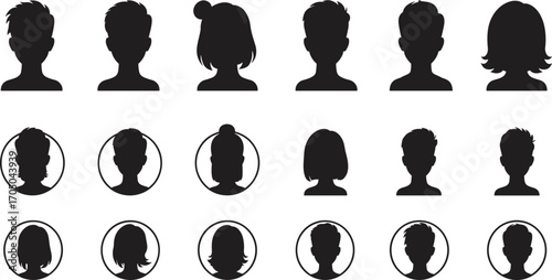 Fifteen Diverse Male and Female Head Silhouettes in Various Styles and Frames Keywords: silhouette, head, male, female, person