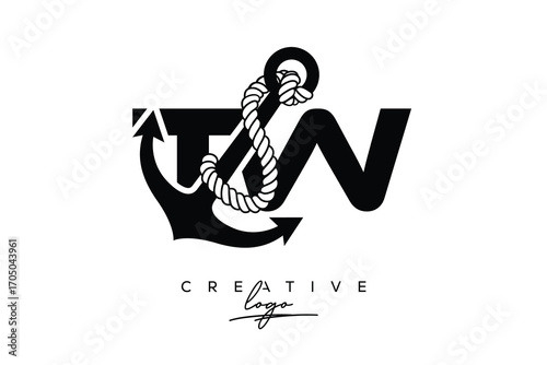 TW Creative Monogram Latter Logo with Anchor and Rope Design Minimalistic Logo Design 