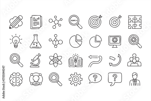 Research and innovation icons with brain, puzzle, and analysis charts in vector style
