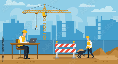 Flat design vector depicting construction workers and a crane building a modern city, showing both planning and labor roles
