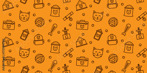 Seamless Vector Pattern of Cute Cat Doodles and Pet Supplies: Outline Icons for Kitten, Food, and Toy Backgrounds