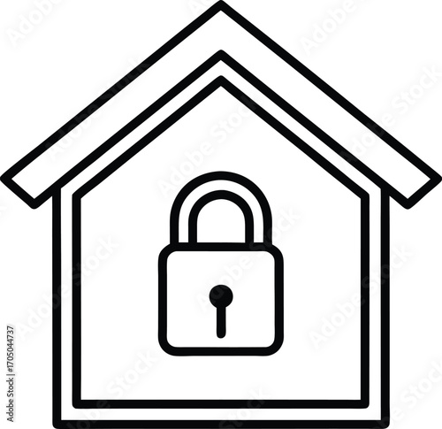 simple smart home outline icon with security lock.