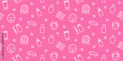 Seamless Beauty and Skincare Pattern: Outline Icons of Cosmetics, Makeup, and Facial Masks for Spa, Salon, and Self-Care Designs