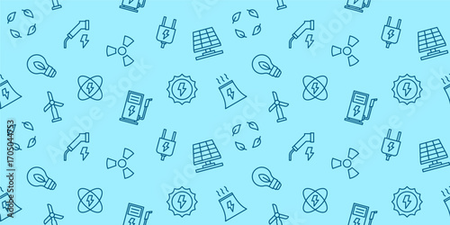 Seamless Renewable Energy Pattern: Eco-Friendly Icons of Wind Turbines, Solar Panels, and Green Power for Sustainable Backgrounds