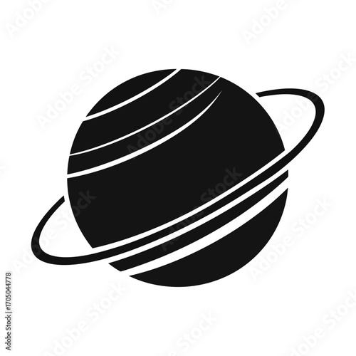 Simple silhouette of planet Saturn with its characteristic rings, a black graphic symbol for astronomy, science, and space exploration concepts