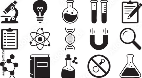 Vector set of science and education icons including microscope, DNA, and test tubes