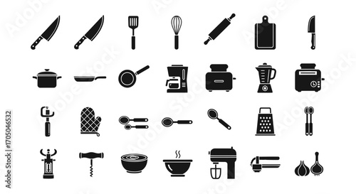 Modern Kitchen Utensils & Appliances Icon Set for Culinary Websites
