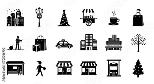 Urban Christmas Scene Elements Silhouette Set for City Holiday Themes