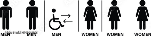 Pictograms for men's and women's restrooms including a wheelchair accessible symbol toilet bathroom