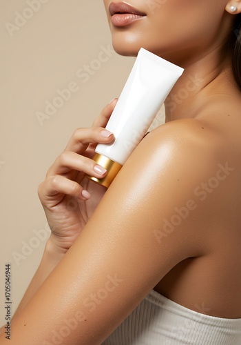  A woman with radiant skin holding a blank white cosmetic tube with a gold accent