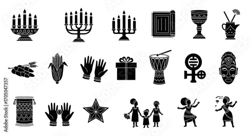 Cultural Heritage Vector Silhouette Set for Kwanzaa with Symbols