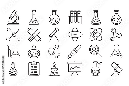 Vector set of science lab icons including microscope, flask, and experiment tools