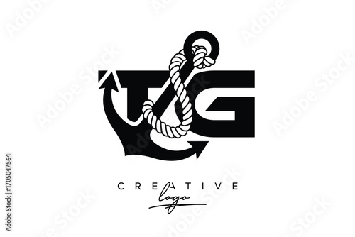 TG Creative Monogram Latter Logo with Anchor and Rope Design Minimalistic Logo Design 
