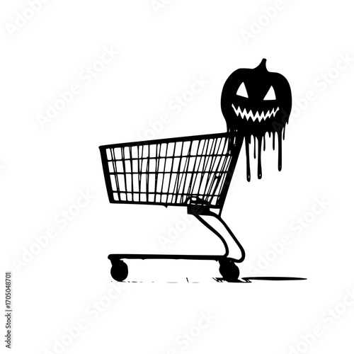 Vector illustration of shopping cart with melting pumpkin face icon for ecommerce horror shop assets