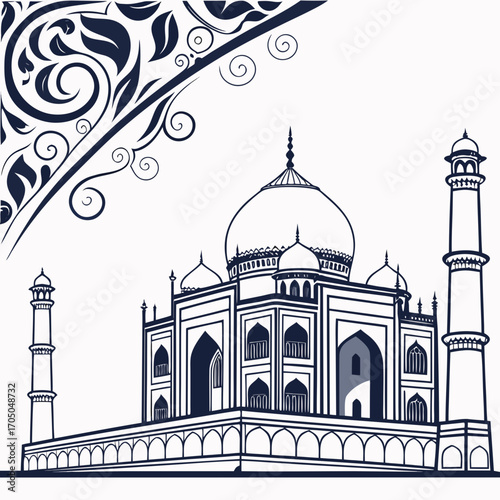 Vector art of majestic taj mahal illustration, showcasing intricate mughal architecture and ornate floral patterns, perfect for cultural designs and historical themes