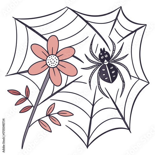 Vector art of whimsical spider web illustration, featuring a cute spider, delicate flower, and playful leaves, creating a charming and enchanting scene for various creative projects