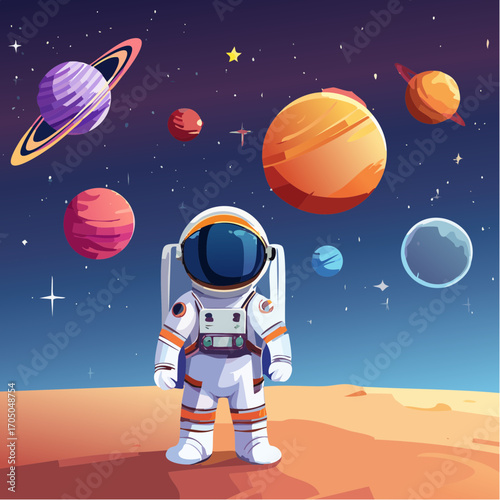 Futuristic vector space and astronaut illustrations with colorful planets, galaxies, and cosmic elements.