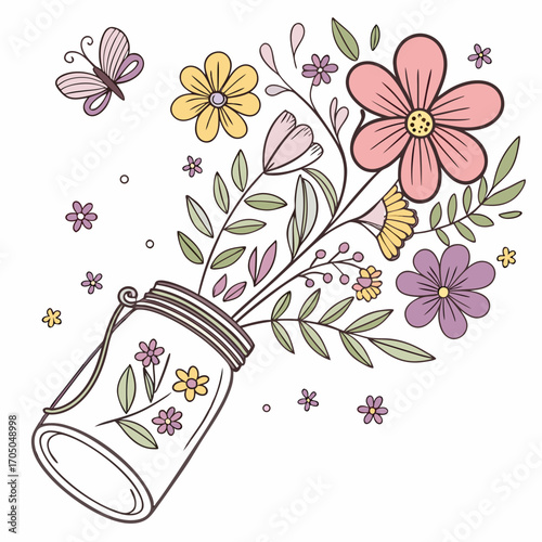 Vector art of whimsical flowers and butterfly in a mason jar a delightful illustration of spring, featuring a burst of colorful blooms and a fluttering butterfly