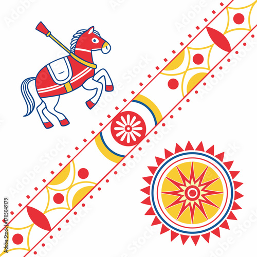 Vector art of vibrant pohela boishakh design elements a decorated horse, a traditional wheel, and a festive border, capturing the essence of bengali new year celebrations