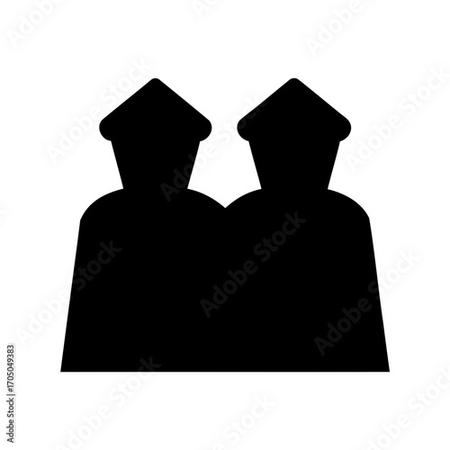 Simple graphic black silhouettes of two figures wearing similar hats and robes