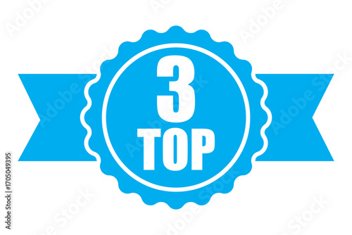 Number 3 banner. Top three award. Vector ribbon emblem. Blue medal illustration. EPS 10.