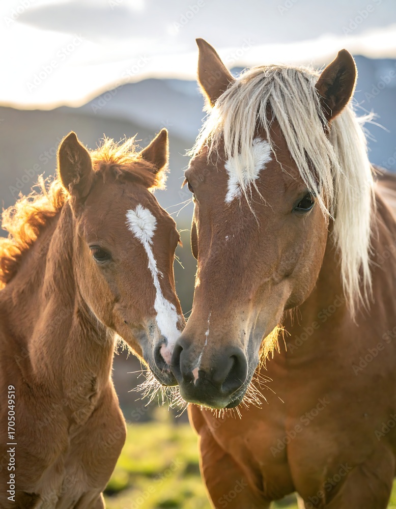 Fototapeta premium Horses embracing at sunrise