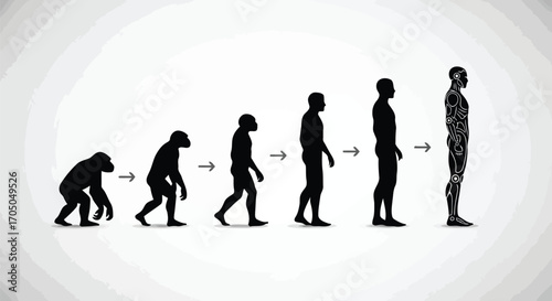 Vector illustration of evolution of man from ape to human silhouette