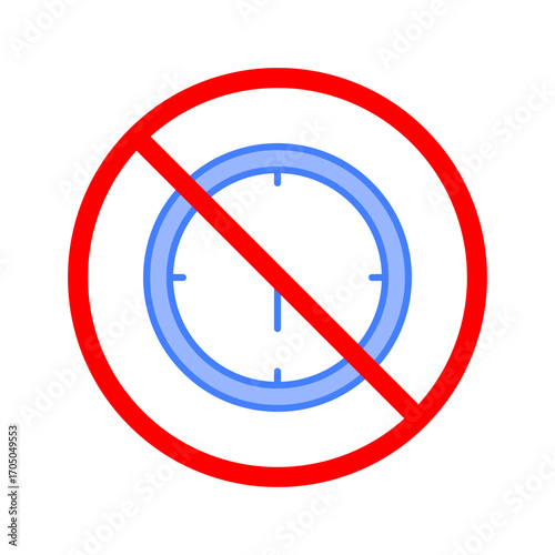 No clock symbol. Time restriction concept. Vector forbidden sign. Red cross illustration. EPS 10.