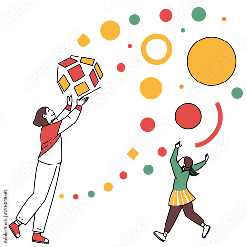 Vector art of playful diwali scene people tossing a festive cube amidst colorful circles
