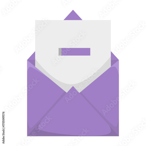 Minus sign icon. Vector delete symbol. Remove message illustration. Purple envelope concept. EPS 10.